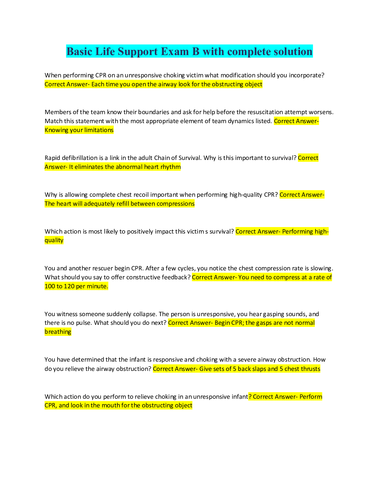 Preview image of Basic Life Support Exam B with complete solution document